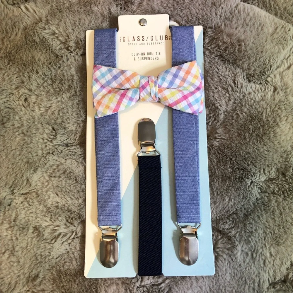 NWT Event Boys Clip-On Plaid Bow‎ Tie  Suspenders Set Multicolor Pastel Chambray